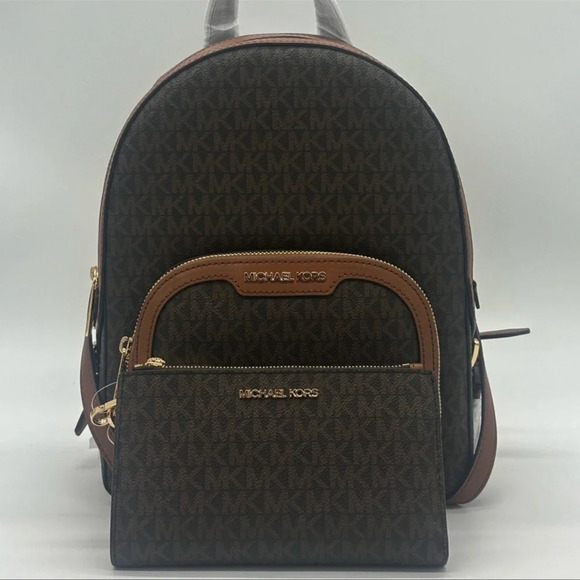 Michael Kors Medium Jaycee Zip Packet Backpack &Double Zip Wallet Wristlet Brown - Picture 3 of 16